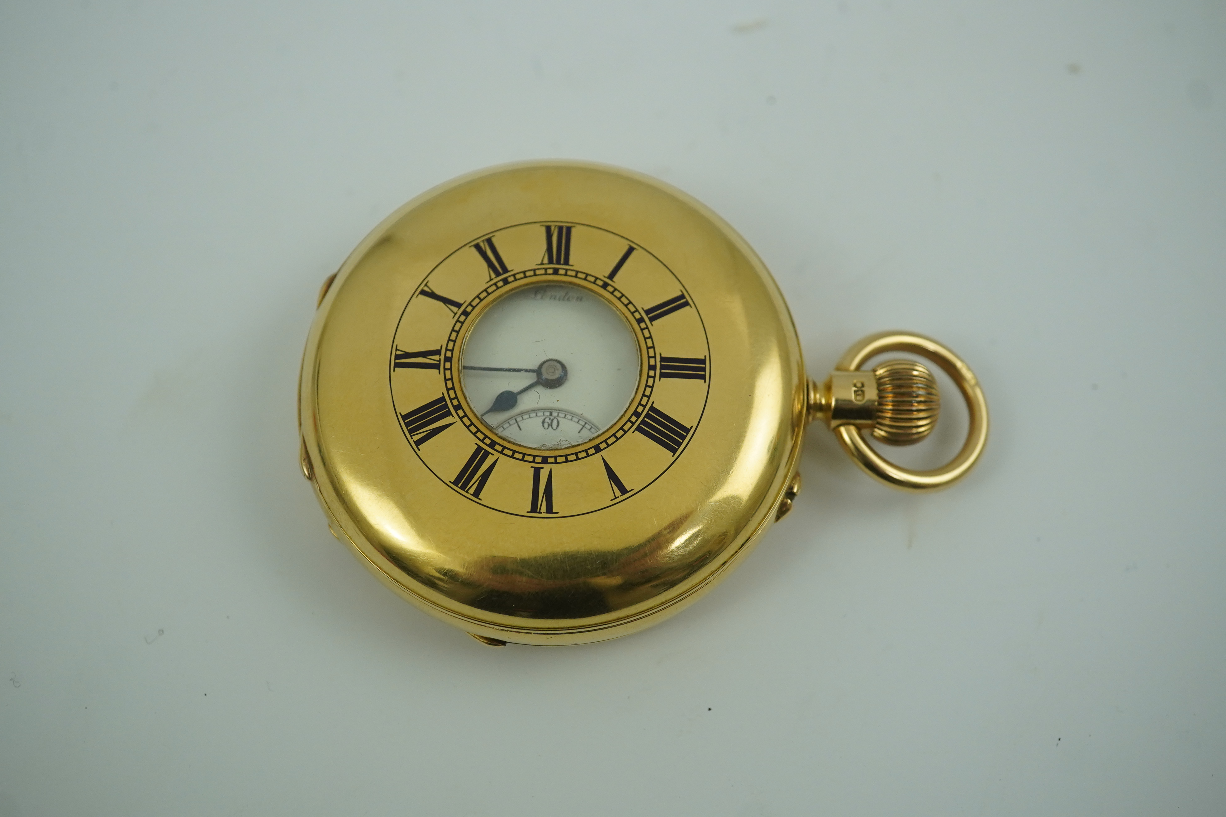 An Edwardian 18ct gold J.W. Benson half hunter keyless pocket watch